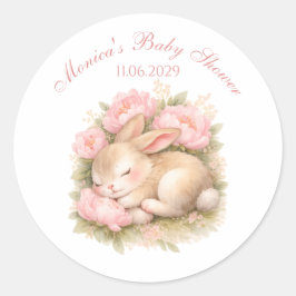 Cute Bunny Rabbit Pink Blush Peony Baby Shower Ronde Sticker
