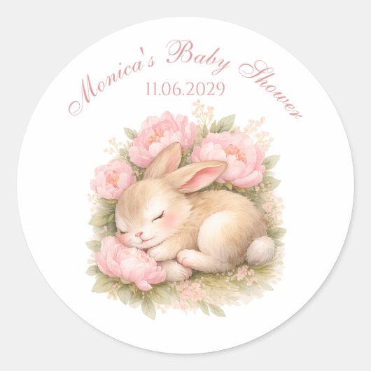 Cute Bunny Rabbit Pink Blush Peony Baby Shower Ronde Sticker (Voorkant)
