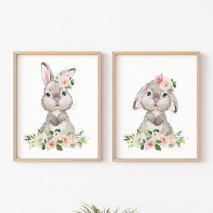 Cute Bunny, Rabbit, Pink Flowers, Girl Nursery Muurkunst Sets