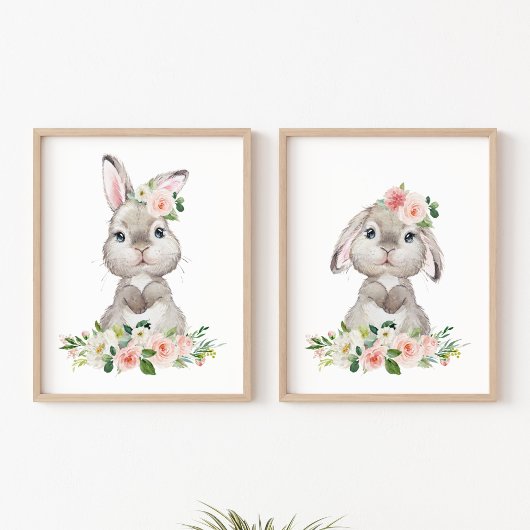 Cute Bunny, Rabbit, Pink Flowers, Girl Nursery Muurkunst Sets