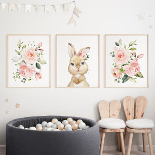 Cute Bunny, Rabbit, Pink Flowers, Girl Nursery Muurkunst Sets