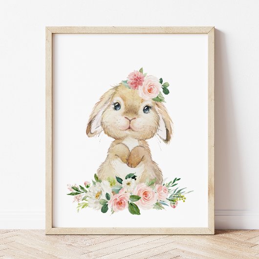 Cute Bunny, Rabbit, Pink Flowers, Girl Nursery Poster