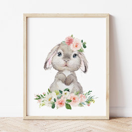 Cute Bunny, Rabbit, Pink Flowers, Girl Nursery Poster