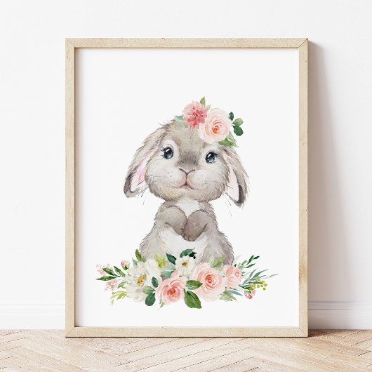 Cute Bunny, Rabbit, Pink Flowers, Girl Nursery Poster