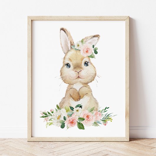 Cute Bunny, Rabbit, Pink Flowers, Girl Nursery Poster