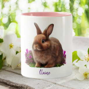 Cute Bunny Rabbit Purple Flowers Personalized Tweekleurige Koffiemok