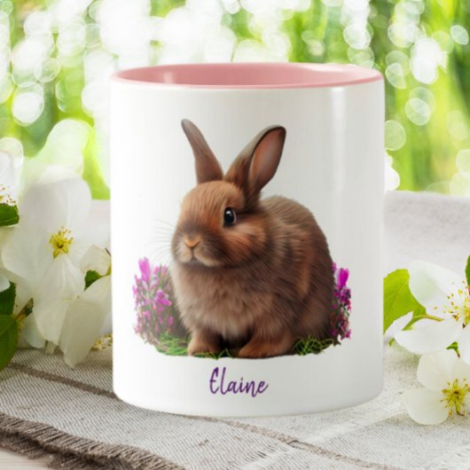 Cute Bunny Rabbit Purple Flowers Personalized Tweekleurige Koffiemok