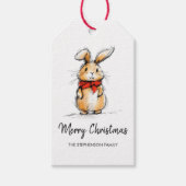 Cute Bunny Rabbit Sketch Merry Christmas Cadeaulabel (Voorkant)