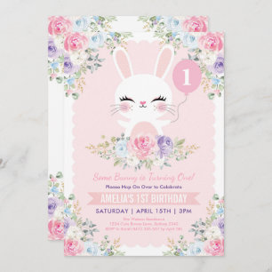 Cute Bunny Rabbit Spring Flowers 1st Birthday Kaart