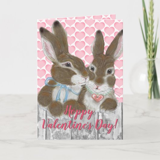Cute Bunny Rabbit Valentijn Pink Hearts Romantic Feestdagen Kaart (Voorkant)
