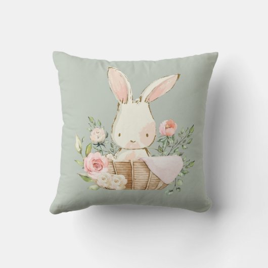 Cute Bunny Rabbit Waterverf Sage Green Nursery Kussen (Achterkant)