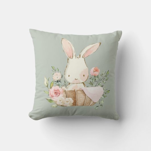 Cute Bunny Rabbit Waterverf Sage Green Nursery Kussen (Voorkant)