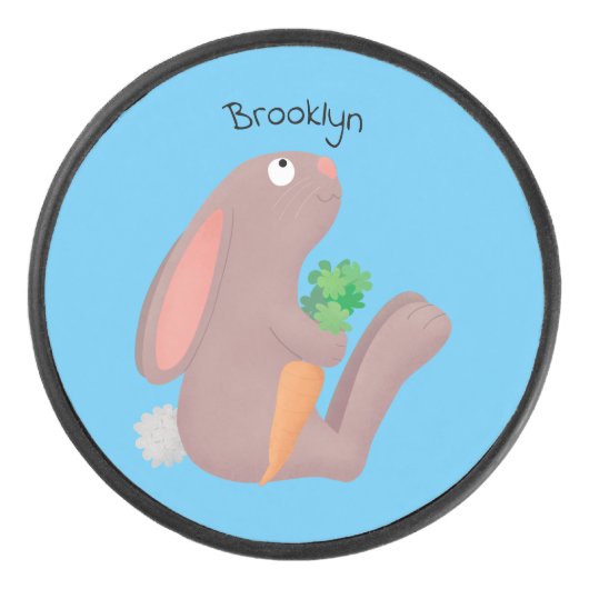 Cute bunny rabbit, zittend met wortelcartoon hockey puck (Voorkant)