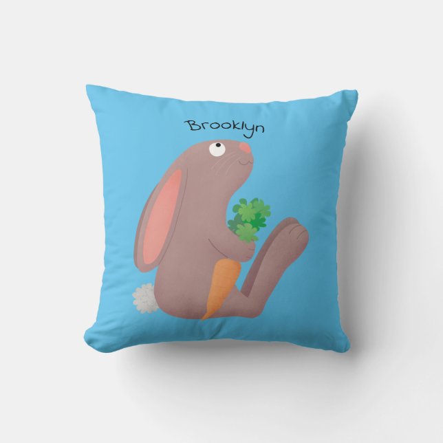 Cute bunny rabbit, zittend met wortelcartoon kussen (Voorkant)
