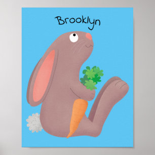 Cute bunny rabbit, zittend met wortelcartoon poster