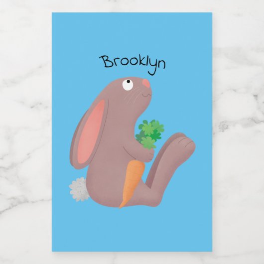 Cute bunny rabbit, zittend met wortelcartoon voedselcontainer etiket (Enkel label)