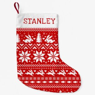 Cute Bunny Rabbits Holiday Pattern Red en White Kleine Kerstsok