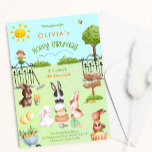 Cute Bunny Rabbits Kids Birthday Kaart<br><div class="desc">Een konijn met de Birthday-uitnodiging van het kind. De waterverf kinderen hebben een schattige konijnenkonijn die geniet van een feest in een zonnige tuin,  omgeven door wortelcake,  een spoelbedekking en tuinbouwapparatuur.</div>