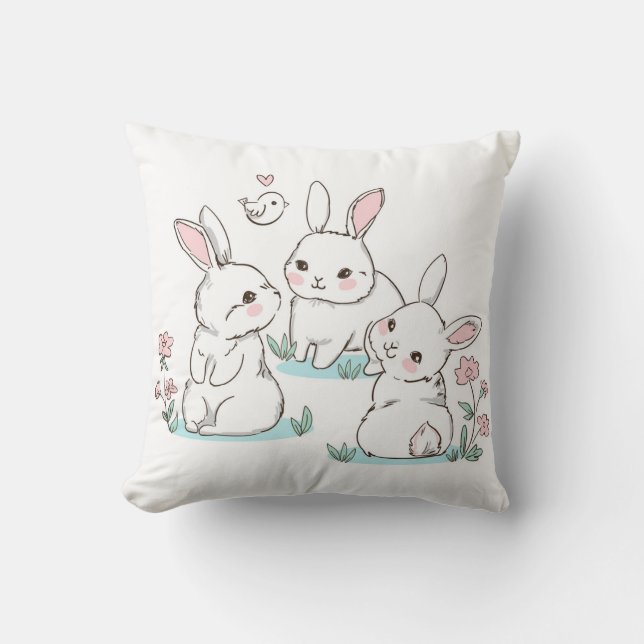 Cute Bunny Rabbits roze Spring Flowers Paast Kussen (Voorkant)