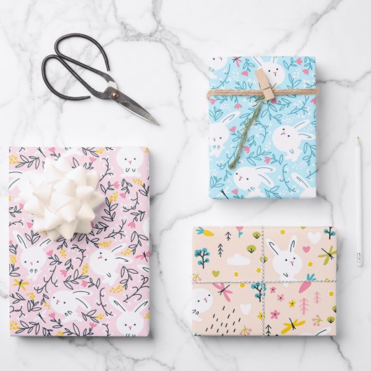 Cute Bunny Rabbits Wrapping Paper Set van 3 (Voorkant)