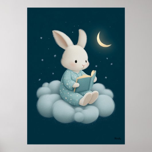 Cute Bunny Reading on Cloud Nursery Bedtime Poster (Voorkant)