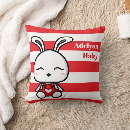 Cute Bunny Red Striped Birth Stats Throw Pillow Kussen (Deken)
