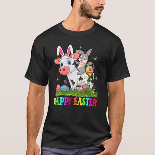 Cute Bunny Riding Koe Easter Easter Cute Rabbit Ea T-shirt (Voorkant)