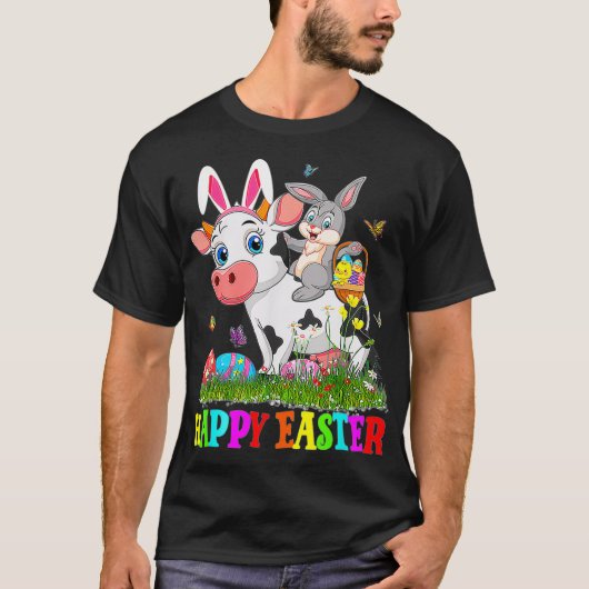 Cute Bunny Riding Koe Easter Easter Cute Rabbit Ea T-shirt (Voorkant)