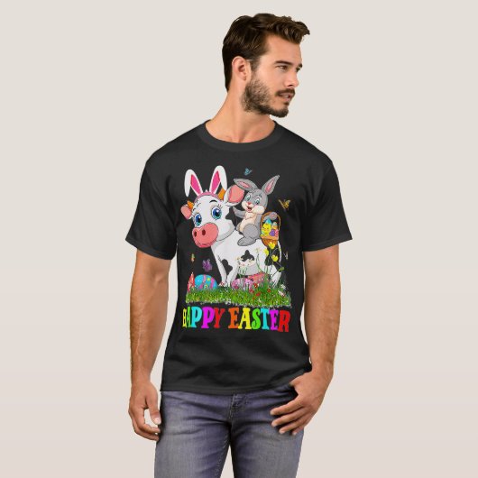 Cute Bunny Riding Koe Easter Easter Cute Rabbit Ea T-shirt (Voorkant volledig)