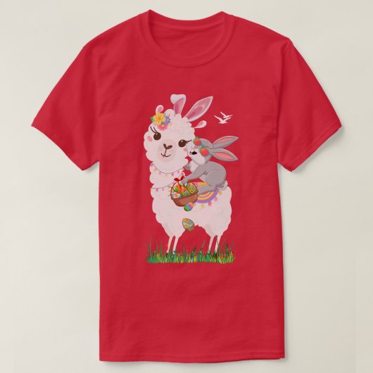 Cute Bunny Riding Llama Holding Egg Basket Happy E T-shirt (Design voorkant)