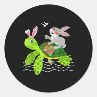 Cute Bunny Riding Turtle Holding Egg Basket Happy Ronde Sticker