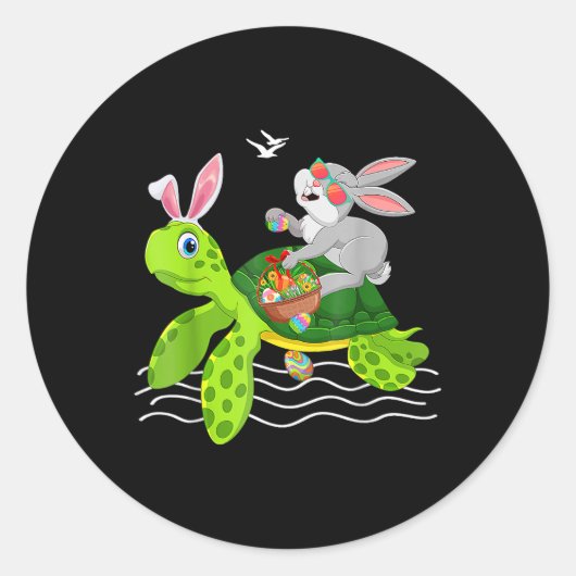 Cute Bunny Riding Turtle Holding Egg Basket Happy Ronde Sticker (Voorkant)