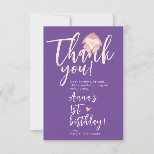 Cute Bunny Roze en Paarse 1e Verjaardagsfeestje Bedankkaart (Voorkant)