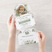 Cute Bunny Sage Green Floral Baby shower All In One Uitnodiging (Afscheurbaar)