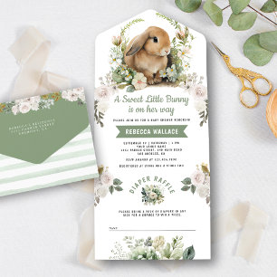 Cute Bunny Sage Green Floral Baby shower All In One Uitnodiging