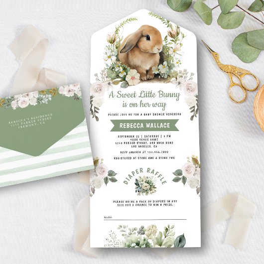 Cute Bunny Sage Green Floral Baby shower All In One Uitnodiging