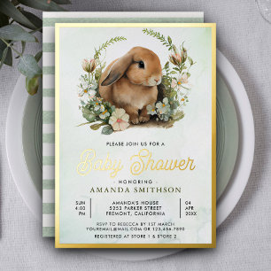 Cute Bunny Sage Green Floral Baby shower Gold Folie Uitnodiging