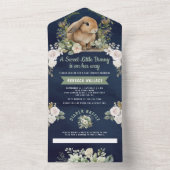 Cute Bunny Sage Green Floral Navy Blue Baby shower All In One Uitnodiging (Binnen)