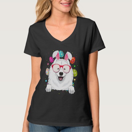 Cute Bunny Samoyed Dog Face Easter Eggs Easter Day T-shirt (Voorkant)