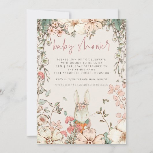 Cute Bunny Script Meisje Baby Shower Kaart (Voorkant)