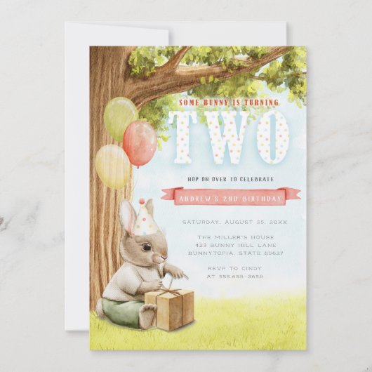 Cute Bunny Second Birthday Invitation Kaart (Voorkant)