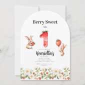 Cute Bunny Strawberry Theme First Birthday  Kaart (Voorkant)