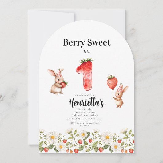 Cute Bunny Strawberry Theme First Birthday  Kaart (Voorkant)