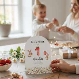 Cute Bunny Strawberry Theme First Birthday Kaart