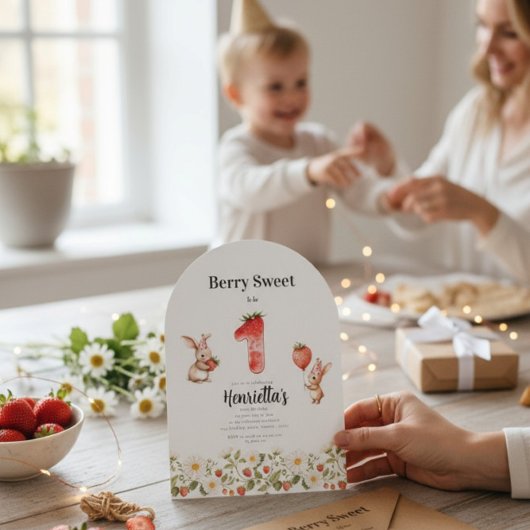 Cute Bunny Strawberry Theme First Birthday  Kaart