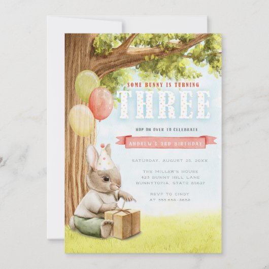 Cute Bunny Third Birthday Invitation Kaart (Voorkant)