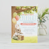 Cute Bunny Third Birthday Invitation Kaart (Staand voorkant)