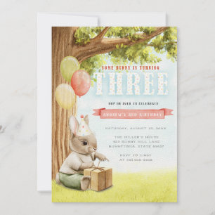 Cute Bunny Third Birthday Invitation Kaart