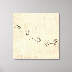 Cute  Bunny Thorming Jumping Rabbits Art Canvas Afdruk