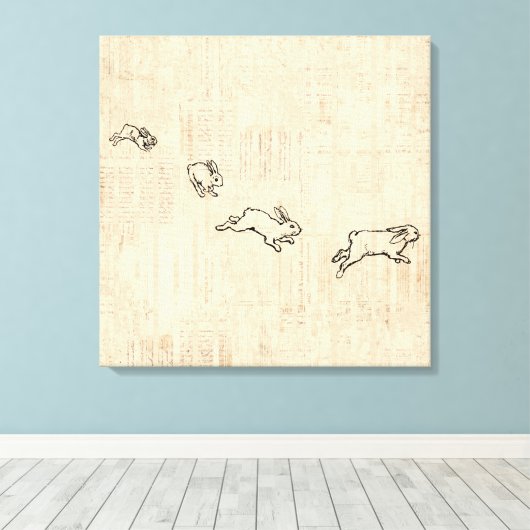 Cute Bunny Thorming Jumping Rabbits Art Canvas Afdruk (Insitu (Houten vloer))